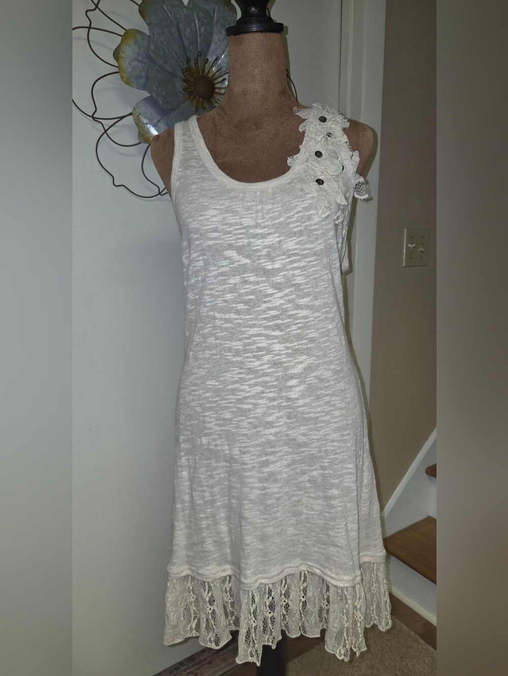 Blue bird Sleeveless Cream Floral Applique Summer Dress